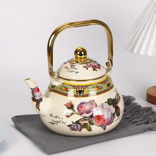 Bouilloire émail vintage motif floral poignée dorée 15l