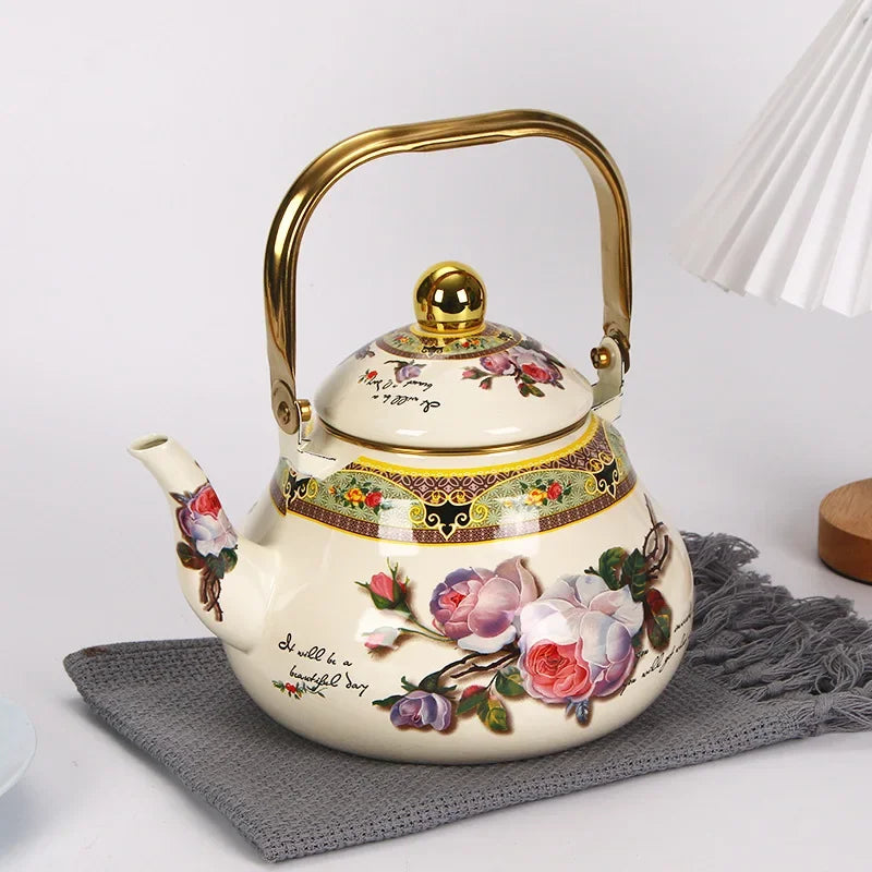 bouilloire vintage émaillée motif floral poignée dorée cuisine - vue 2 sur 5