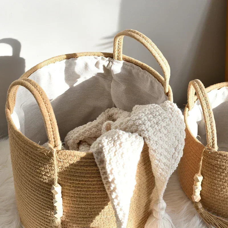 grand panier à linge tissé avec poignées en coton pliable - vue 6 sur 10