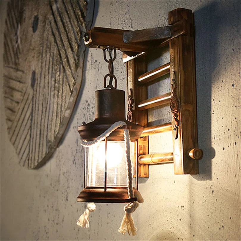 lampe rétro japonaise en bambou et corde de chanvre led