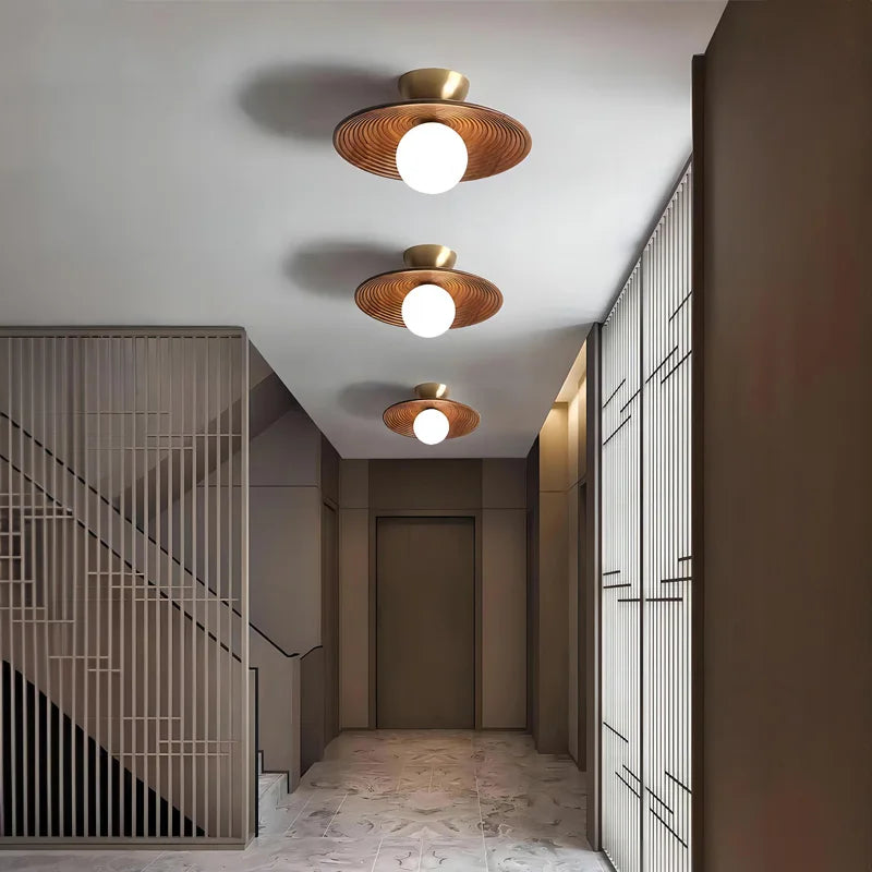 Walnut wood Brass lighting, Modern Minimalism Wabi-sabi Style, Ceiling light for Porch, Entrance, Corridor, Balcony - vue 3 sur 10