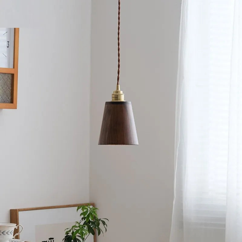suspension led loft moderne en bois avec abat-jour laiton - vue 4 sur 8