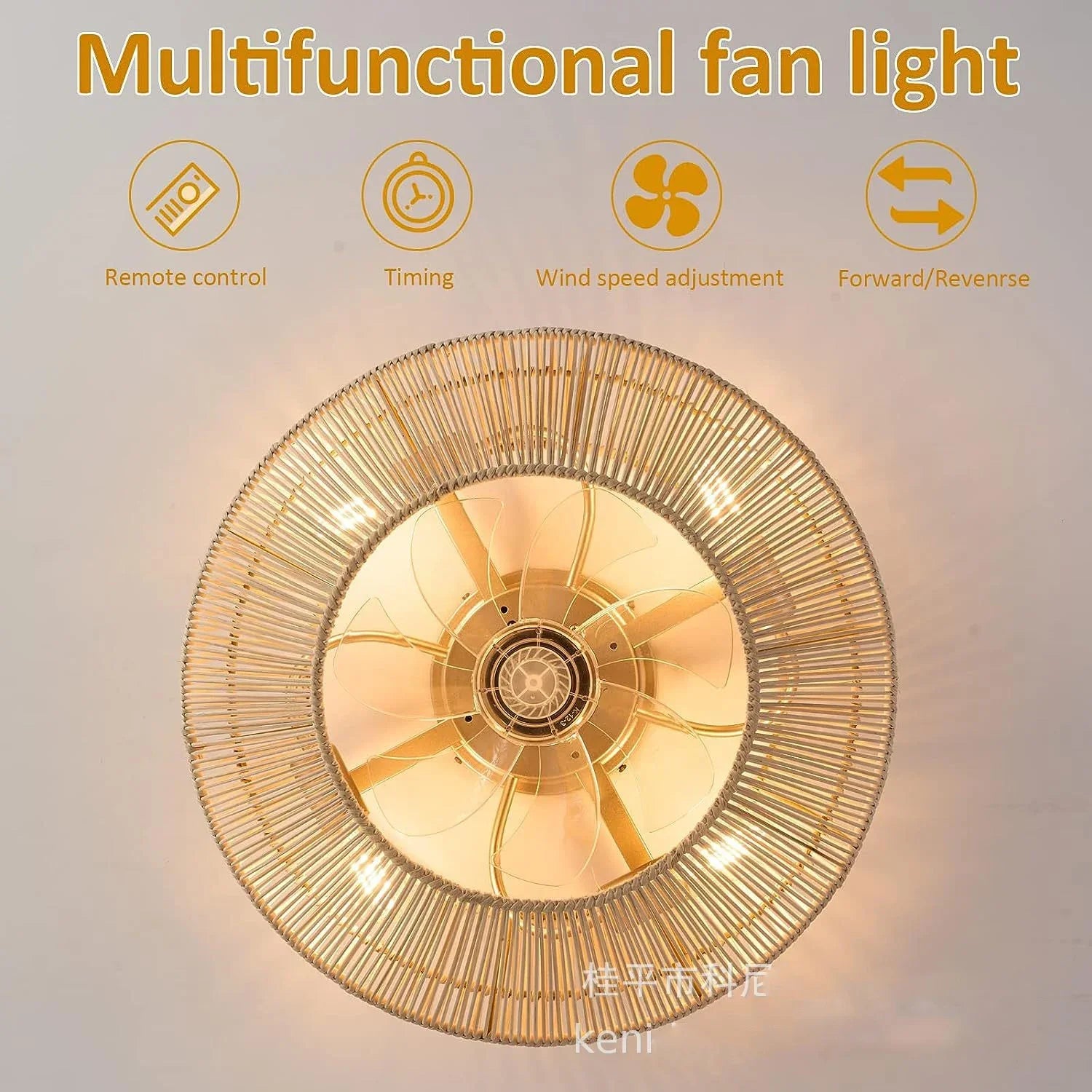 plafonnier ventilateur industriel avec lumière en bambou - vue 6 sur 7