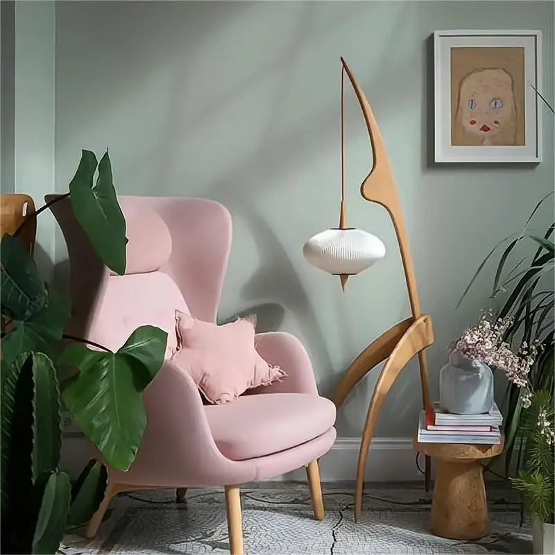 lampadaire design en bois noyer avec lampe suspendue - vue 4 sur 10