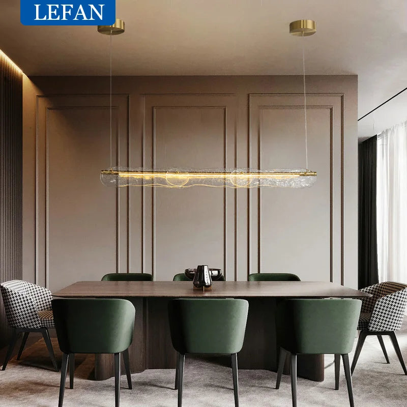 Lustre moderne allcopper lumière luxe créatif longue bande minimaliste bar salle à manger comptoir eau motif Suspension en verre - vue 5 sur 7