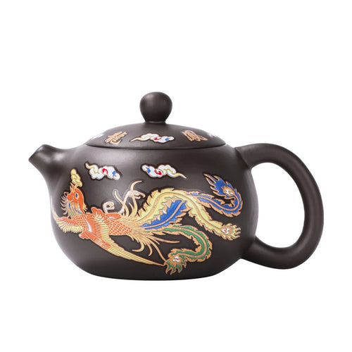 Théière argile motifs dragon phénix style gongfu artisanale