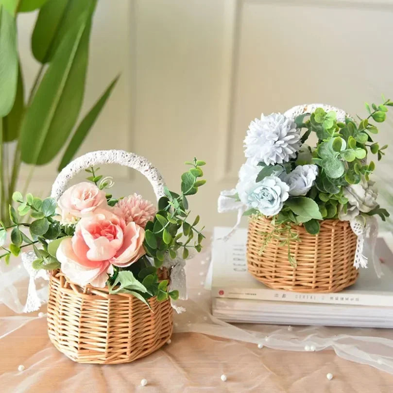 panier en rotin naturel tissé à la main pour mariage décoratif avec dentelle - vue 3 sur 7
