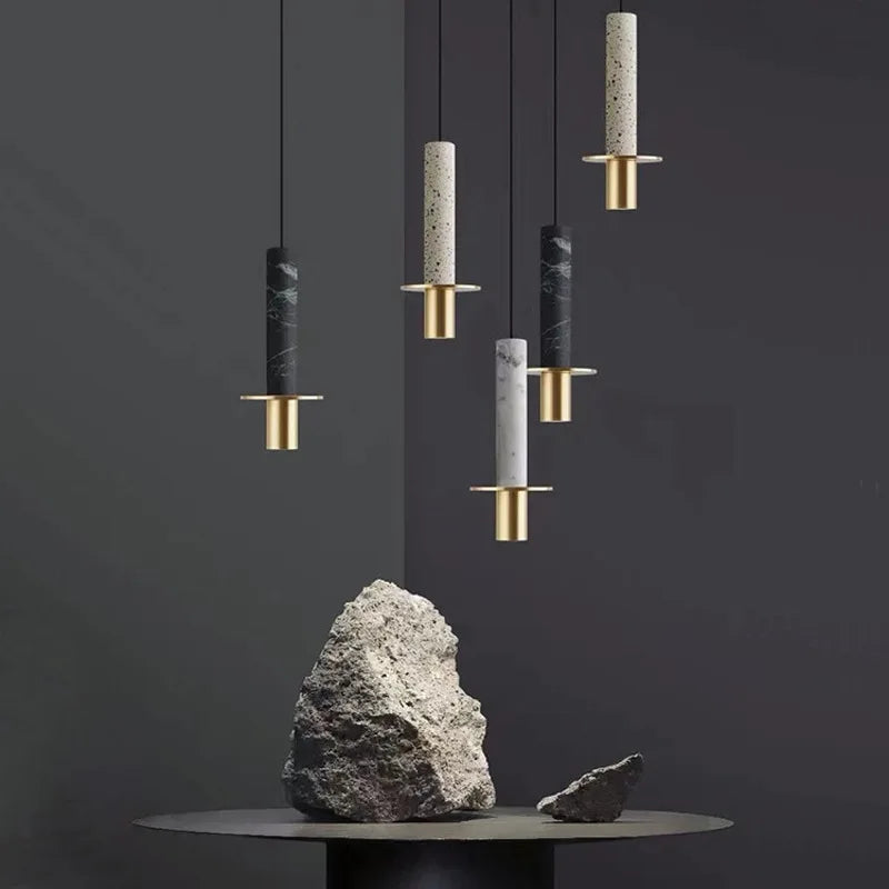 Lampe moderne Terrazzo lustre en marbre projecteur cylindrique suspension Restaurant réception marbre Led lustre trou pierre - vue 5 sur 13
