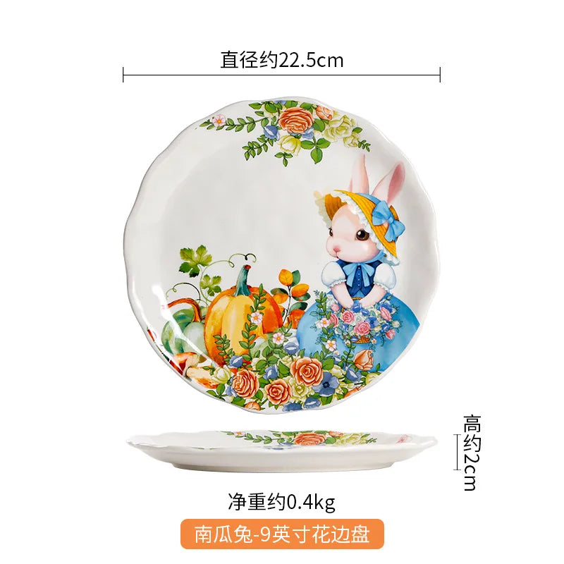 Assiette céramique style jardin motifs lapin citrouille