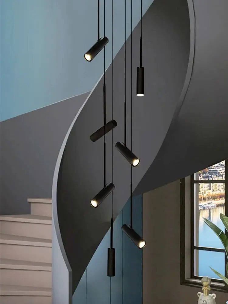 Led cylindrique spot suspension design moderne Restaurant éclairage noir blanc minimaliste escalier Long lustre - vue 2 sur 14