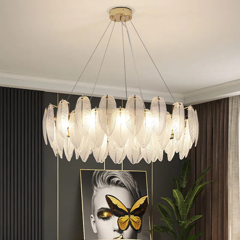 lustre de luxe moderne en plumes et verre métallique