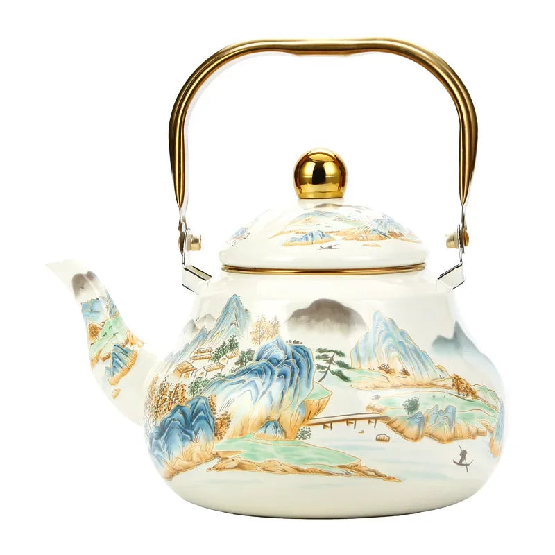 bouilloire vintage émaillée motif floral poignée dorée cuisine