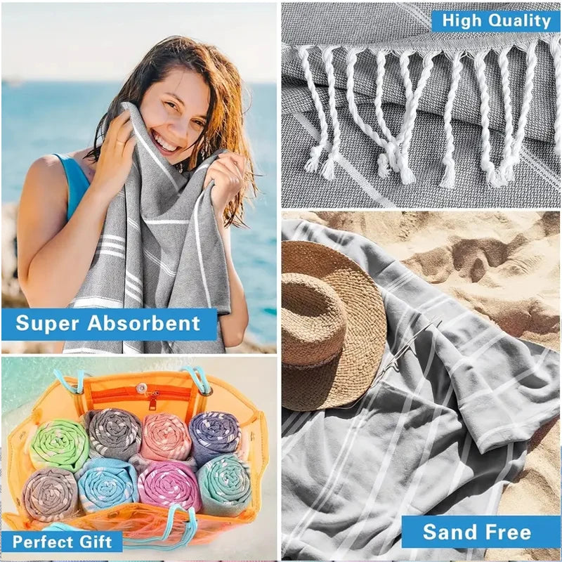 Serviette de plage turque coton franges absorbante rapide - vue 6 sur 7