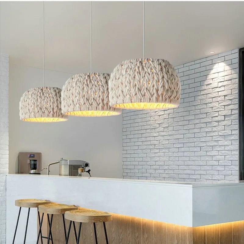 Nordique Wabi Sabi E27 suspension LED lumières tricoté corde minimalisme suspension lampe Lustre suspension lampe salle à manger luminaires
