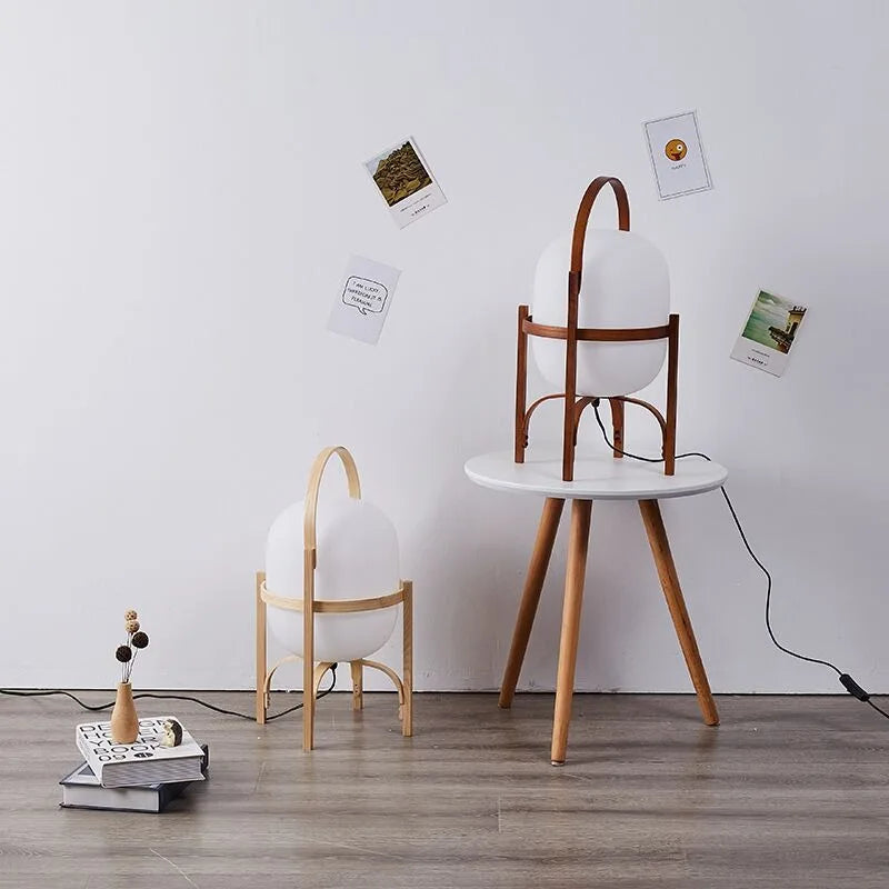 lampe de table nordique portable en verre avec panier en bois