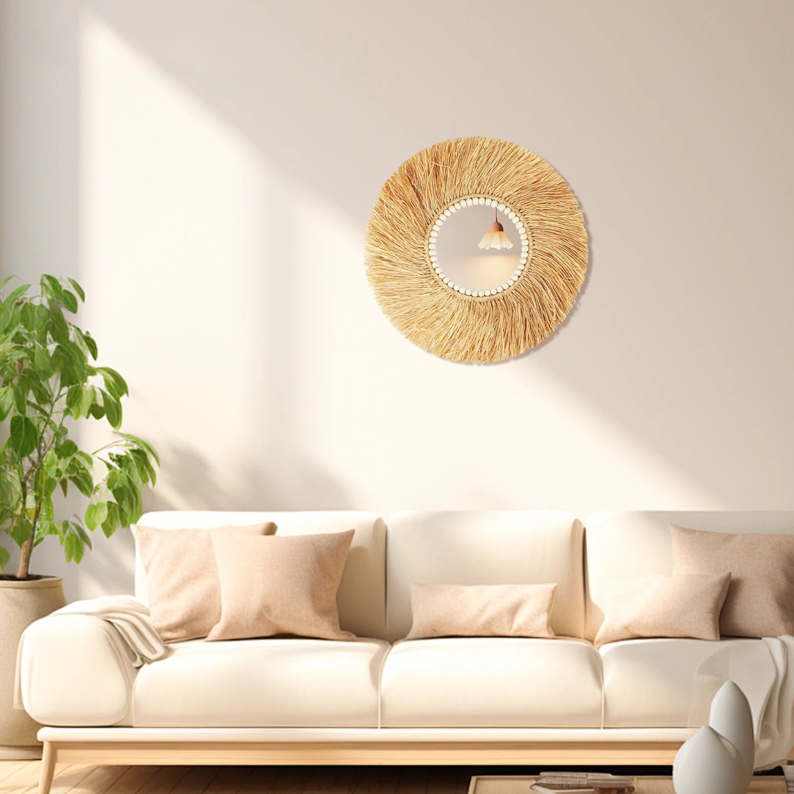 miroir décoratif en perles de bois de raphia fait main style bohème - vue 5 sur 6