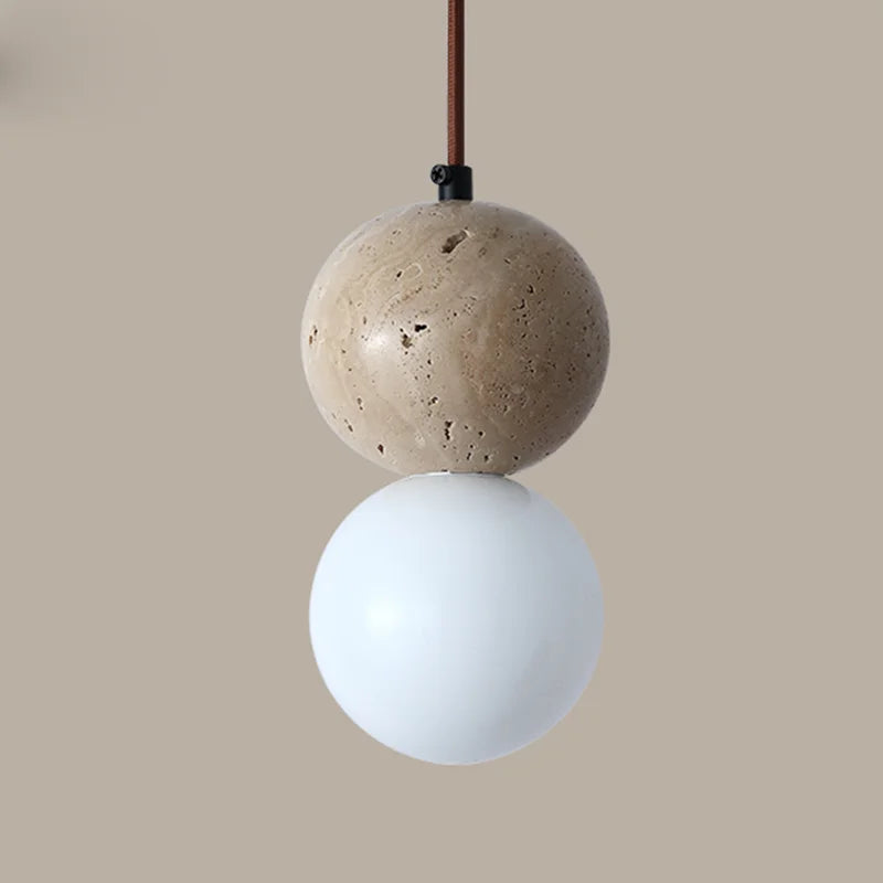 suspension rétro en pierre naturelle avec abat-jour en verre blanc - vue 5 sur 8
