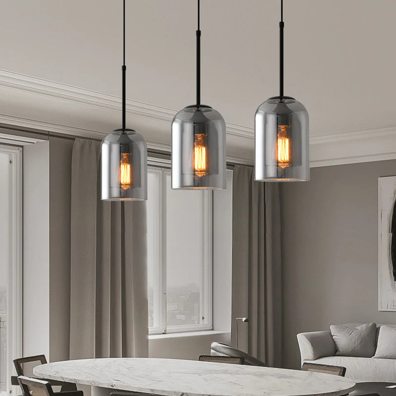 Suspension industriel vintage en verre fumé pour restaurant loft