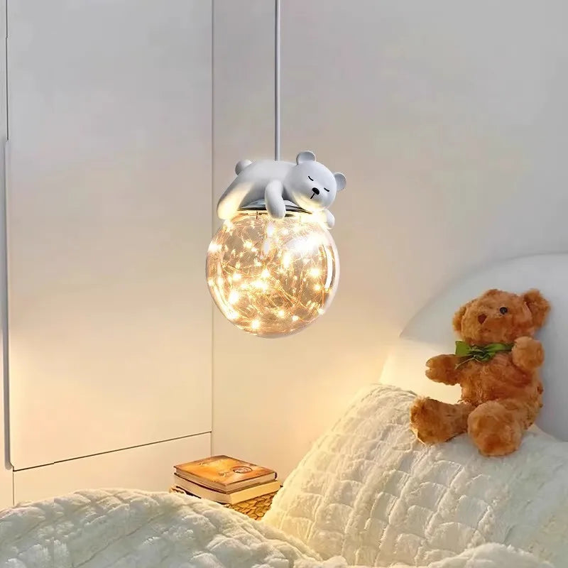 Simple moderne mignon enfants chambre lustres blanc ours lapin lampes bébé chambre fille garçon chambre chevet lustre lumières en verre - vue 3 sur 8