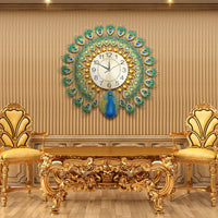 horloge murale silencieuse en métal motif paon décorative intérieure