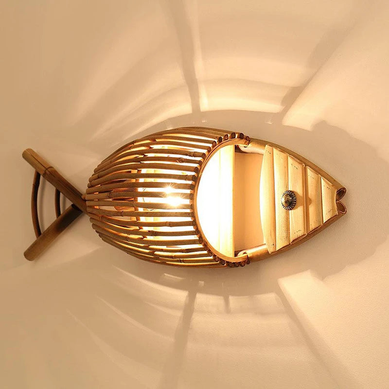 applique murale décorative rétro en bambou tissé poisson pour café et hôtel