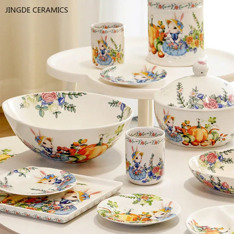 Assiette ceramique motif citrouille et lapin style jardin