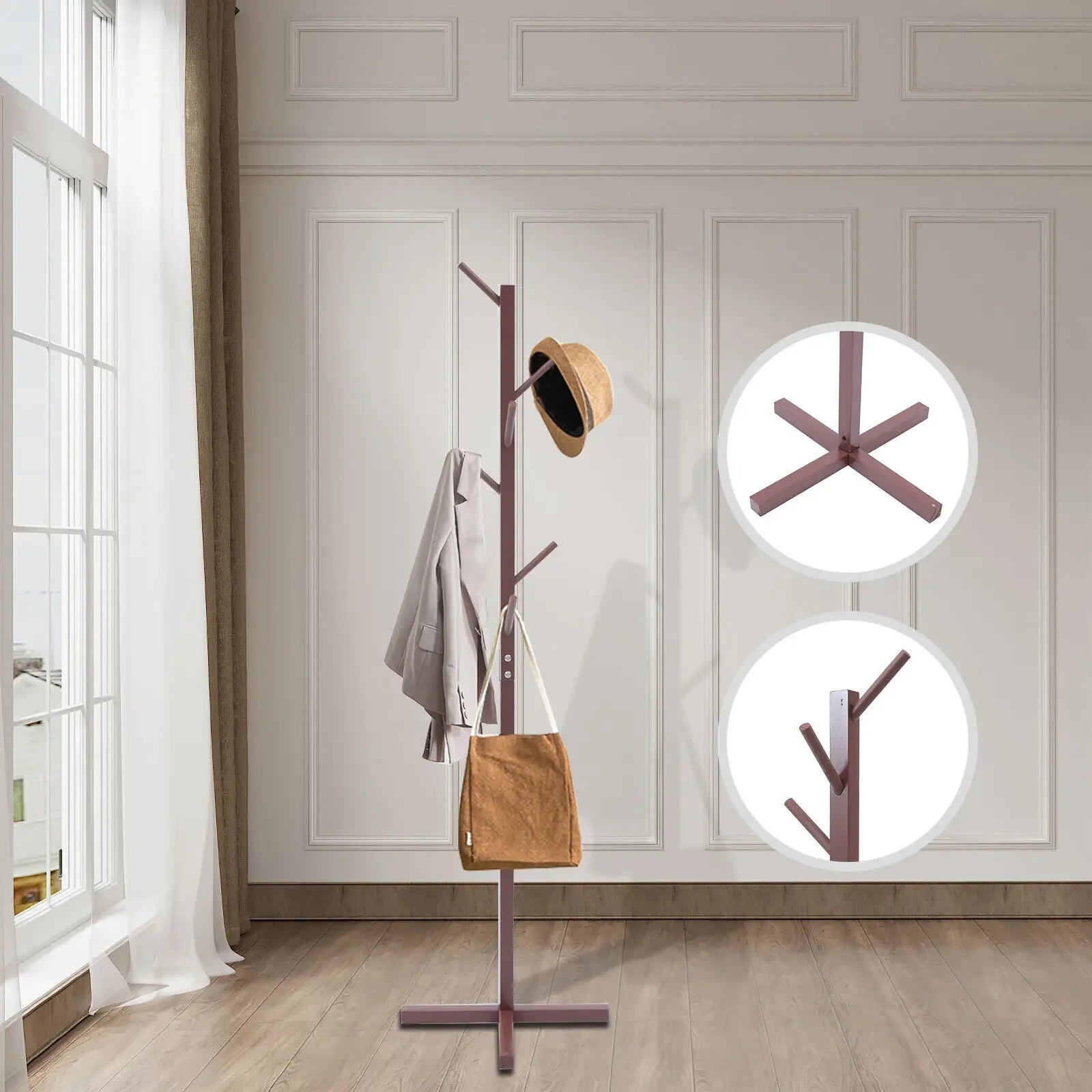 porte-manteau en bois avec huit crochets pratiques pour vêtements - vue 7 sur 6
