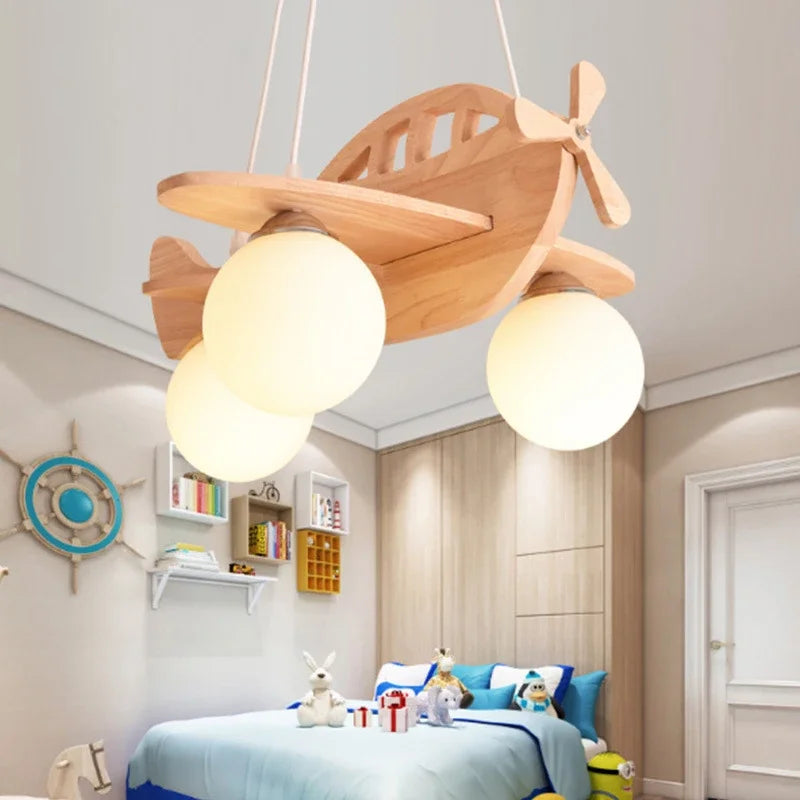 Moderne LED enfants lustres en bois à la main avion suspendus lampes suspendues chambre garçons filles chambre décor lampes à suspension - vue 4 sur 6