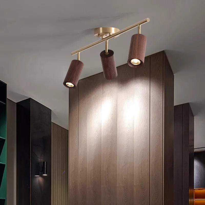 Walnut Wood Brass Spotlight Ceiling Light Fixture, Living Room Light for Dining Room, Kitchen Island, Corridor aisle, bedroom - vue 4 sur 14