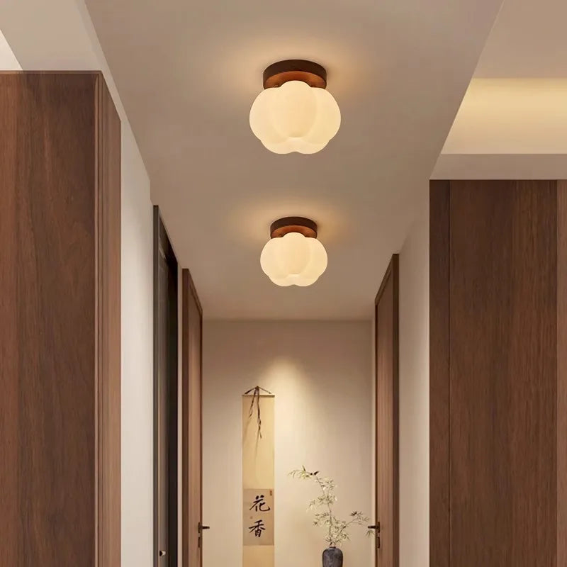 Walnut Wood Roll Molded Pumpkin, Wabi Sabi Modern, Flush Ceiling light fixture for Entrance Hall, Corridor, Balcony, Entrance - vue 4 sur 10