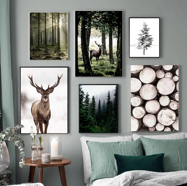 hiver forêt cerf hibou paysage art mural nordique