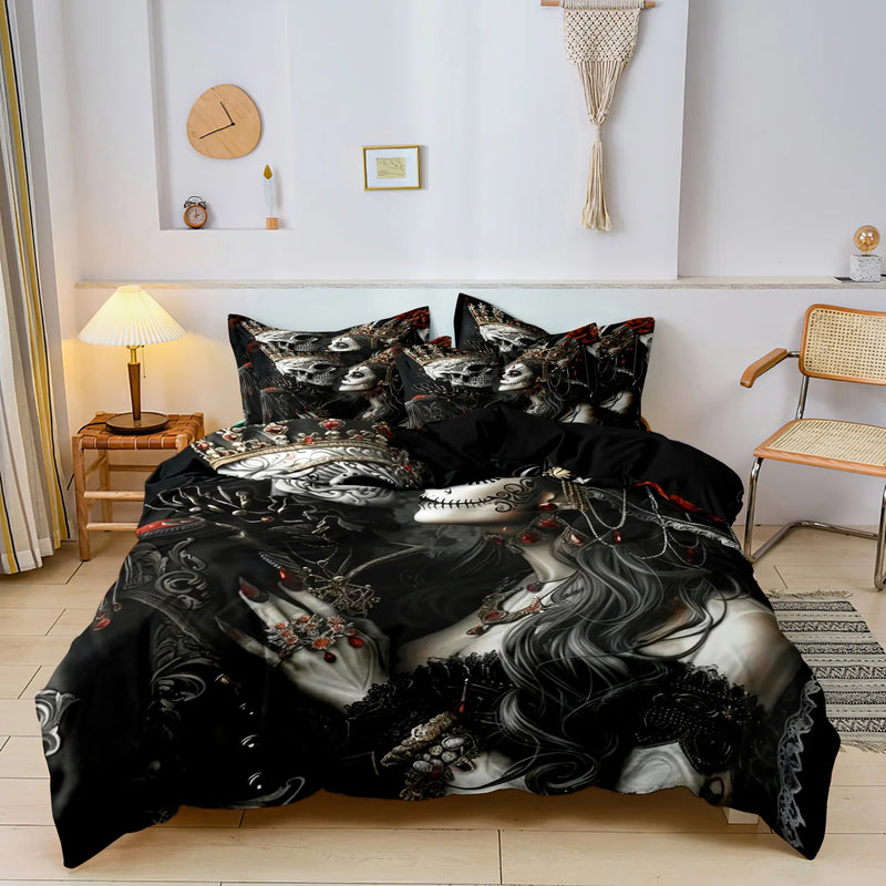 parure de lit florale et crânes de sucre mexicains