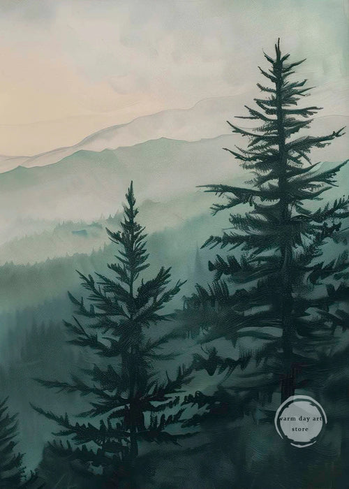 affiche aquarelle paysage de forêt de pins décor mural naturel