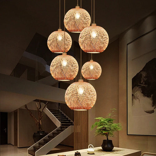 lustre moderne nordique en bambou tissé à la main led