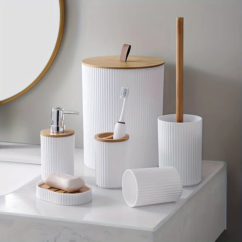ensemble de rangement 6 pièces en plastique et bambou pour salle de bain - vue 2 sur 6