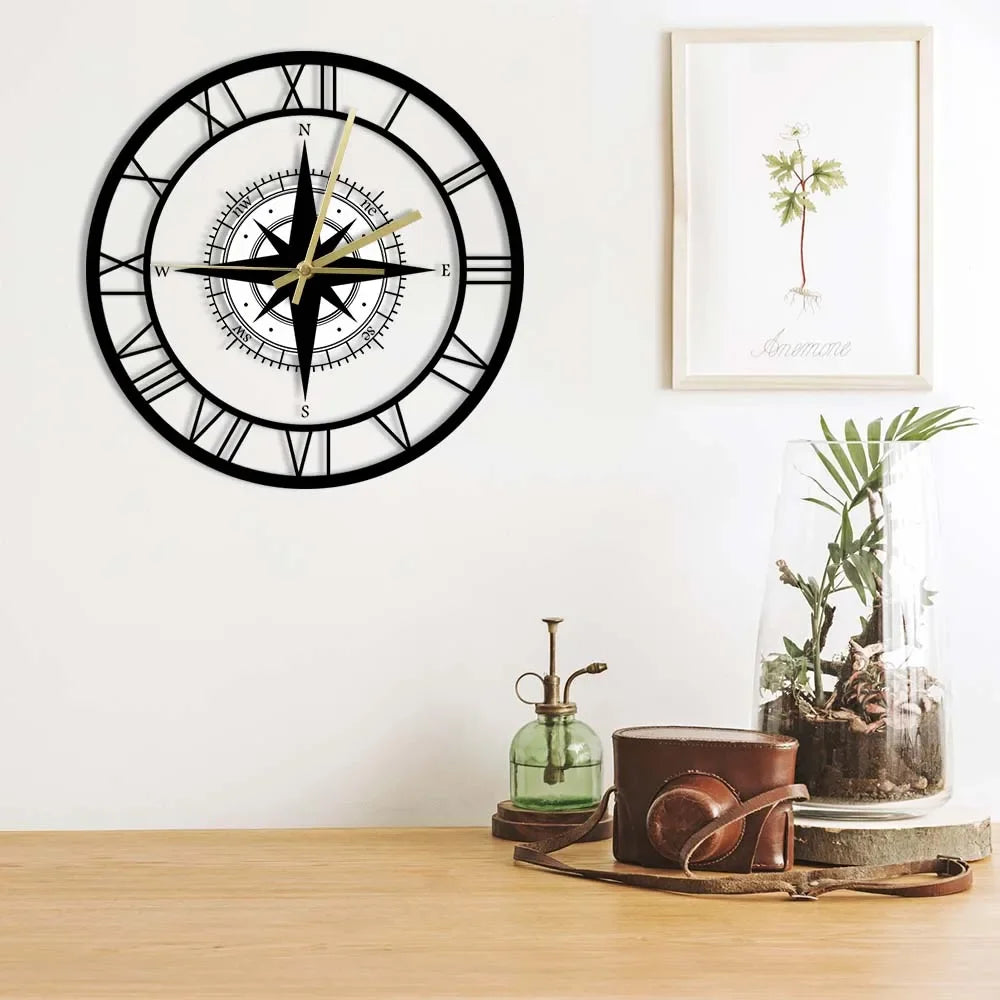 horloge murale silencieuse avec boussole et carte de direction - vue 4 sur 7