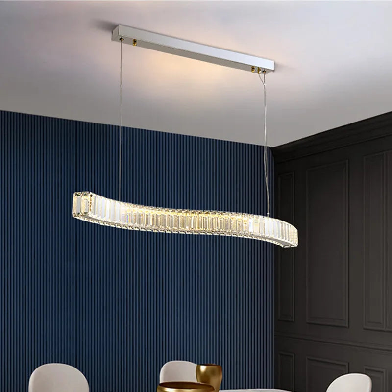 lustre moderne en acier avec cristaux et lumières led suspendues - vue 5 sur 8
