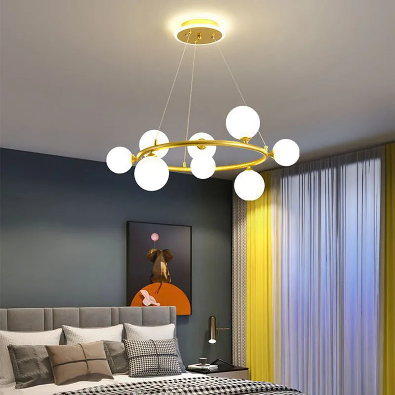 lampe suspendue nordique avec boule de verre et anneau mat réglable