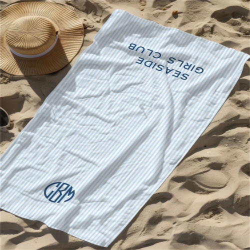 serviette de plage personnalisee monogramme rayures style preppy