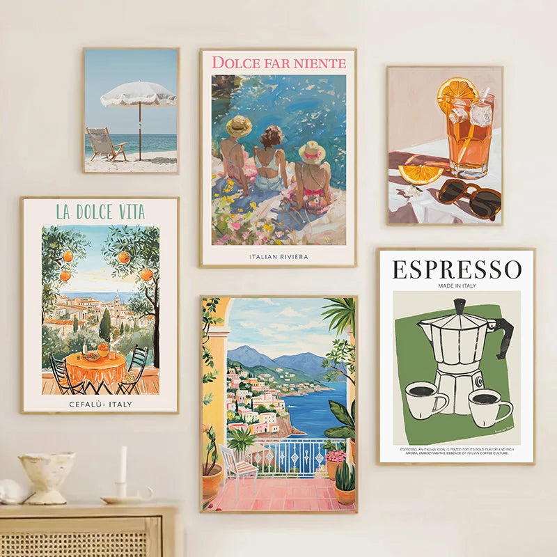 affiche vintage italienne paysage nourriture et café méditerranée