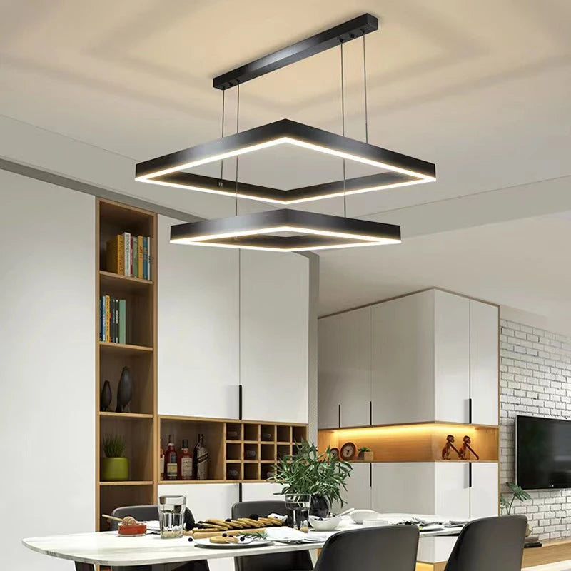 Lustre Led carré moderne pour salon salle à manger chambre cuisine noir Rectangle Led plafonnier suspension lampe - vue 4 sur 18