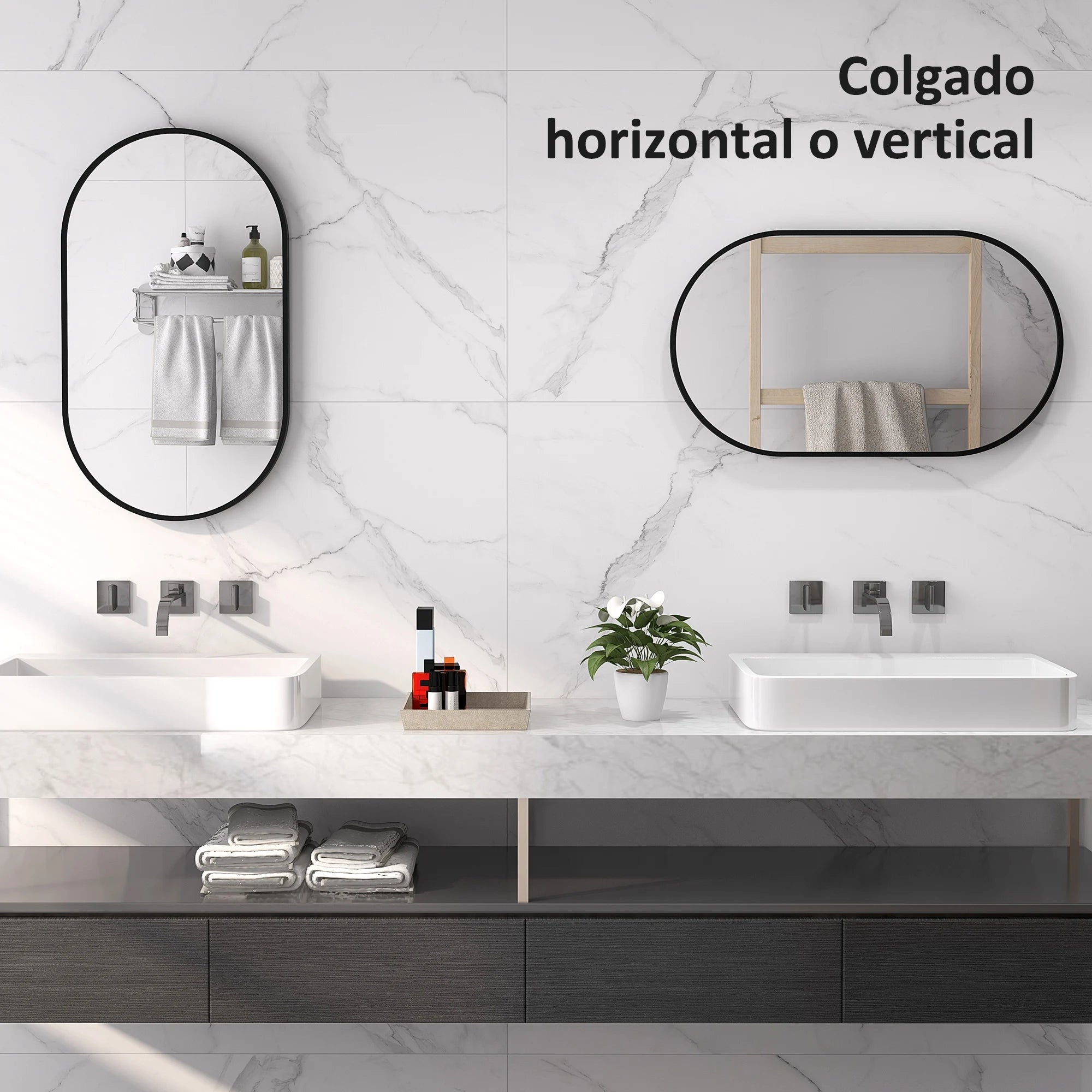 miroir ovale avec cadre en aluminium noir pour décoration intérieure - vue 8 sur 7