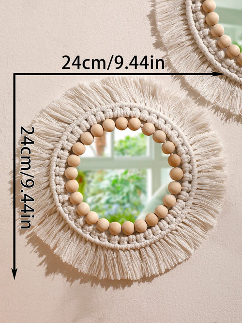 miroir suspendu en macramé décoratif avec pompons tissés