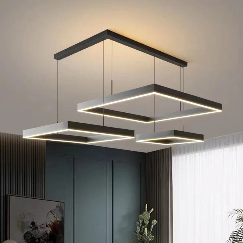 Lustre Led carré moderne pour salon salle à manger chambre cuisine noir Rectangle Led plafonnier suspension lampe - vue 5 sur 18