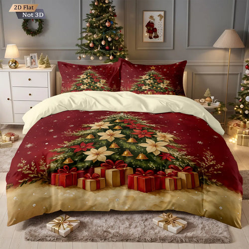 parure de lit rouge motif sapin de noël 3 pièces