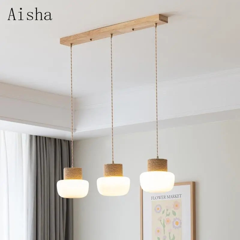 suspension wabi-sabi en verre blanc avec corde de chanvre - vue 4 sur 10