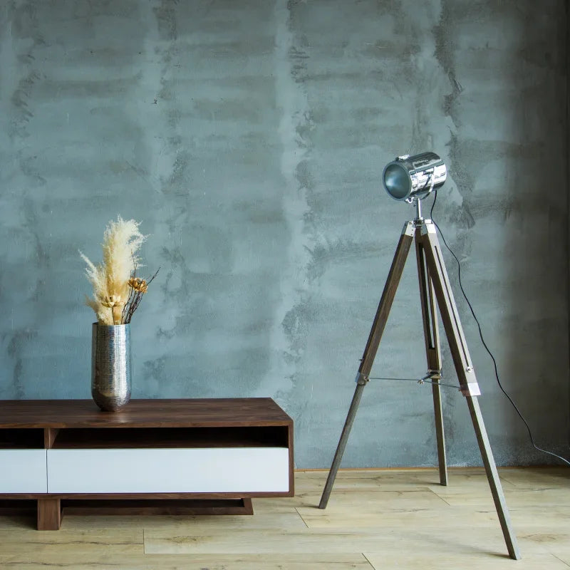 lampe de sol industrielle en bois avec trépied vintage réglable - vue 5 sur 9
