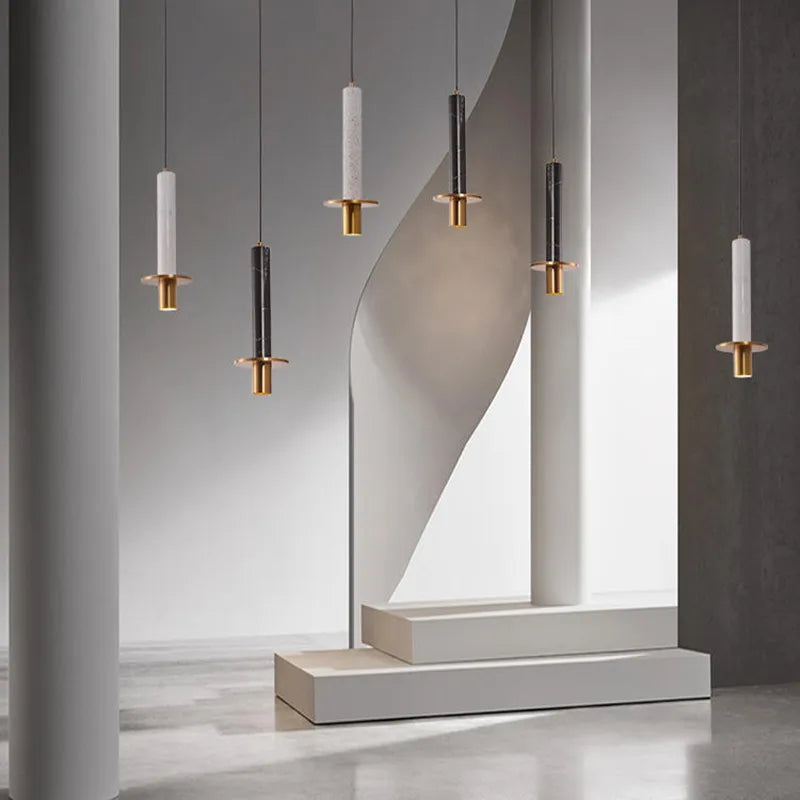 Lampe moderne Terrazzo lustre en marbre projecteur cylindrique suspension Restaurant réception marbre Led lustre trou pierre - vue 11 sur 13