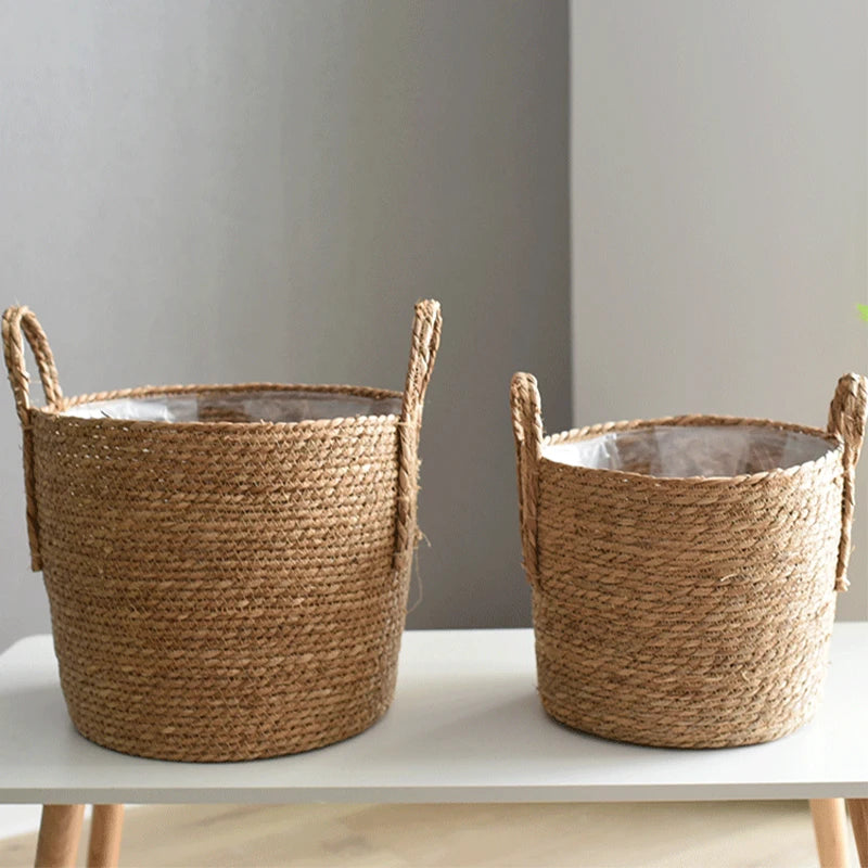 panier tissé à la main en paille pour plantes et linge - vue 5 sur 8
