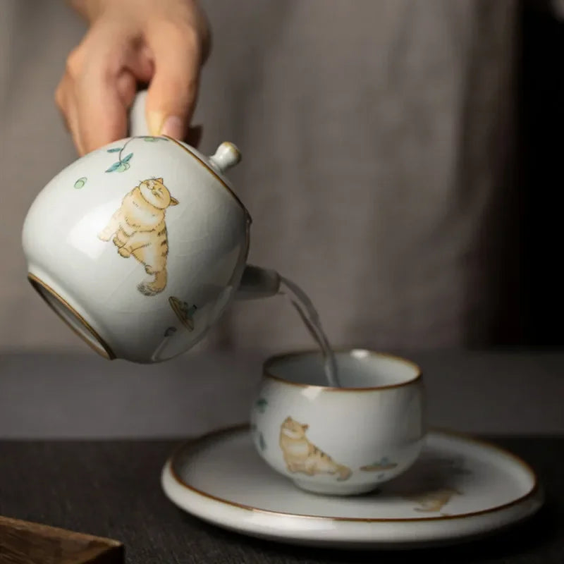 Théière ru kiln artisanale motif chat poignée latérale - vue 6 sur 7